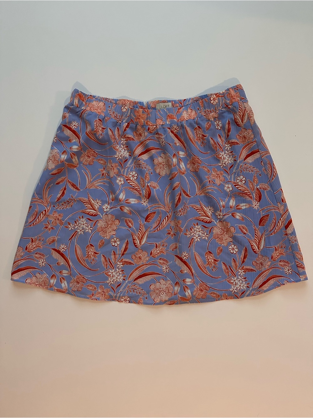 (NWT) LOFT Blue Mini Skirt with Rust Floral Print